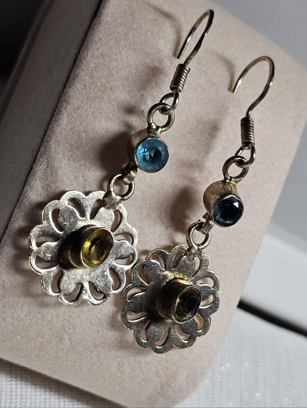 Silver Stamped Floral Drop Earrings with Blue and Yellow Gemstones